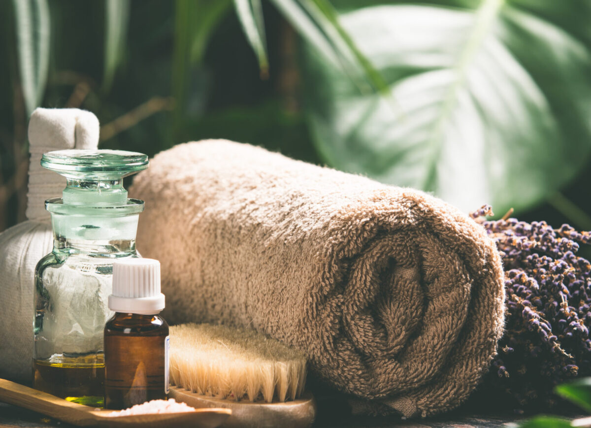 SPA composition on green tropical leaves background